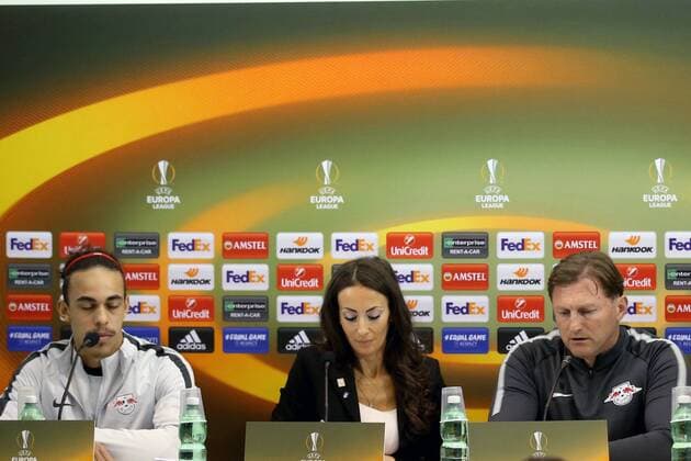 Yussuf Poulsen (RB Leipzig 9) Trainer Ralph Hasenhuettl (RB Leipzig), Pressekonferenz, SSC Neapel vs. RB Leipzig, Europa League, Fussball, 14.02.2018, Neapel Copyright: xLanger Eibner-Pressefotox EP_HLR