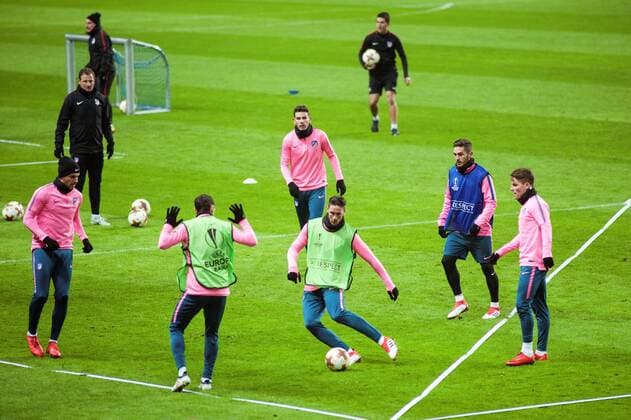 Atletico Madrid s players attend a training session of the team at Parken Stadium in Copenhagen, Denmark, 14 February 2018. Atletico Madrid will face FC Copenhagen in the UEFA Europa League round of 32, first leg soccer match on 15 February 2018. Atletico Madrid training session !ACHTUNG: NUR REDAKTIONELLE NUTZUNG!  Copyright: xRicardoxRamirezx GRAF1582 20180214-636542346883622907