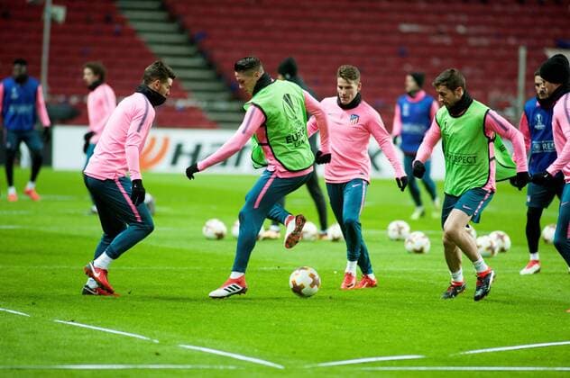 (L-R) Atletico Madrid s players Lucas Hernandez, Fernando Torres, Kevin Gameiro, Gabi Fernandez attend a training session of the team at Parken Stadium in Copenhagen, Denmark, 14 February 2018. Atletico Madrid will face FC Copenhagen in the UEFA Europa League round of 32, first leg soccer match on 15 February 2018. Atletico Madrid training session !ACHTUNG: NUR REDAKTIONELLE NUTZUNG!  Copyright: xRicardoxRamirezx GRAF1573 20180214-636542349619406293