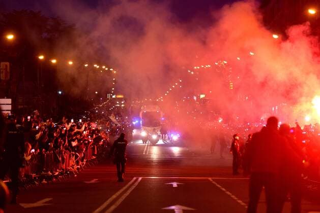 Real Madrid team bus arrives to Santiago Bernabeu stadium prior to the start of the UEFA Champions League round of 16 first leg match between Real Madrid and Paris Saint Germain (PSG), in Madrid, Spain, 14 February 2018. Real Madrid players arrival !ACHTUNG: NUR REDAKTIONELLE NUTZUNG!  Copyright: xFernandoxVillarx GRAF1591 20180214-636542356943963949