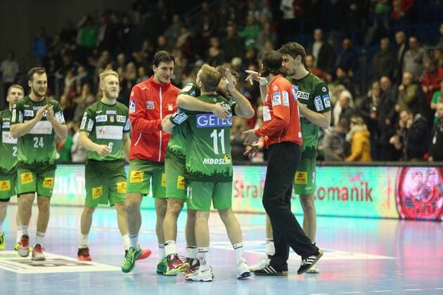 14.02.2018, xcsx, Handball EHF-Pokal, SC Magdeburg - Bjerringbro-Silkeborg, emspor, v.l. Magdeburg jubelt nach Spielende Magdeburg