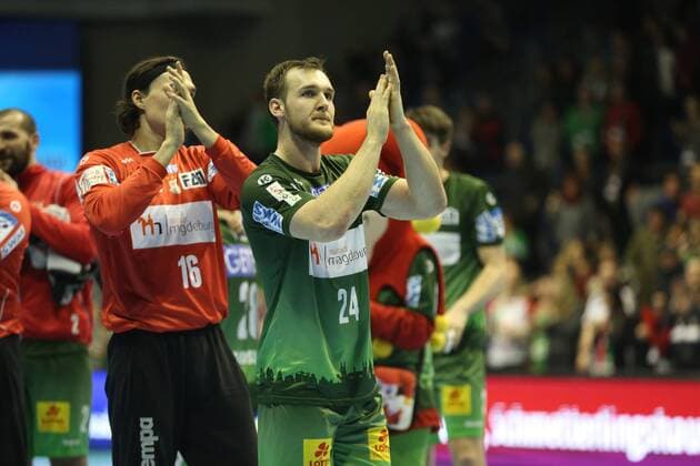 14.02.2018, xcsx, Handball EHF-Pokal, SC Magdeburg - Bjerringbro-Silkeborg, emspor, v.l. Christian O Sullivan (SC Magdeburg), jubeln jubelt nach Spielende Magdeburg