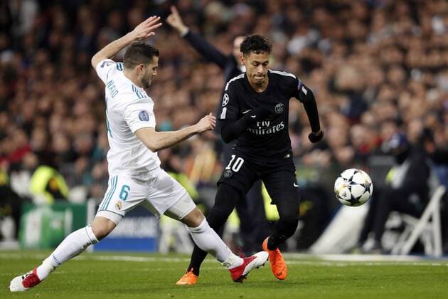 (l-r) Nacho of Real Madrid, Neymar of Paris Saint-Germain during the UEFA Champions League round of 16 match between Real Madrid and Paris Saint-Germain at the Santiago Bernabeu stadium on February 14, 2018 in Madrid, Spain UEFA Champions League 2017 2018 xVIxVIxImagesx xMauricexvanxSteenxIVx 10066099