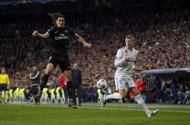 Soccer match between Real Madrid and Paris Saint Germain of Champions League 2017 2018, held at the Santiago Bernabeu stadium, in Madrid. (Photo: Jose Cuesta 261 Cordon Press). Cavani and Toni Kroos  xJosexLuisxCuestax xx