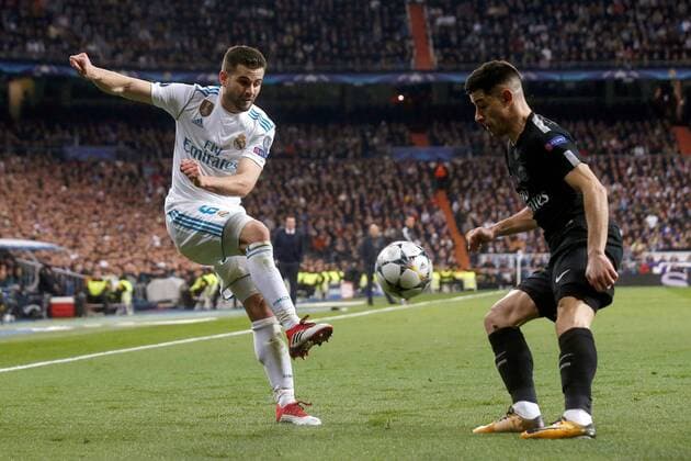 Real Madrdid s Nacho Fernandez (L) in action during the UEFA Champions League round of 16 first leg match between Real Madrid and Paris Saint Germain at the Santiago Bernabeu stadium in Madrid, Spain, 14 February 2018. Real Madrid vs. Paris Saint Germain !ACHTUNG: NUR REDAKTIONELLE NUTZUNG!  Copyright: xKikoxHuescax MAD027 20180214-636542435602288392