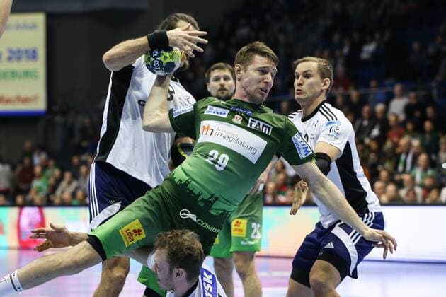 Gleb Kalarash (SC Magdeburg) - Handball EHF-Cup-Gruppenphase Saison 2017-2018 SC Magdeburg vs. Bjerringbro-Silkeborg in der GETEC Arena in Magdeburg - Aktion,Deutschland, Handball, Mann, Maenner,14.02.2018