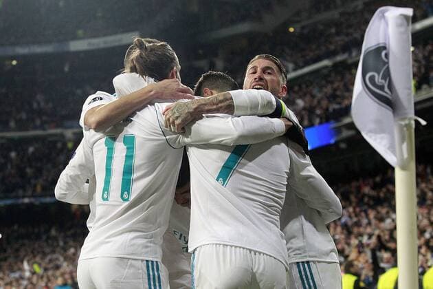 Real Madrid s Lucas Vazquez, Gareth Bale, Sergio Ramos and Cristiano Ronaldo celebrate goal during Champions League Round of 16 1st leg match. February 14,2018.  (2018021482)