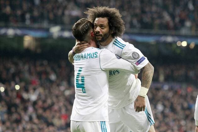 Real Madrid s Sergio Ramos (l) and Marcelo Vieira celebrate goal during Champions League Round of 16 1st leg match. February 14,2018.  (2018021498)