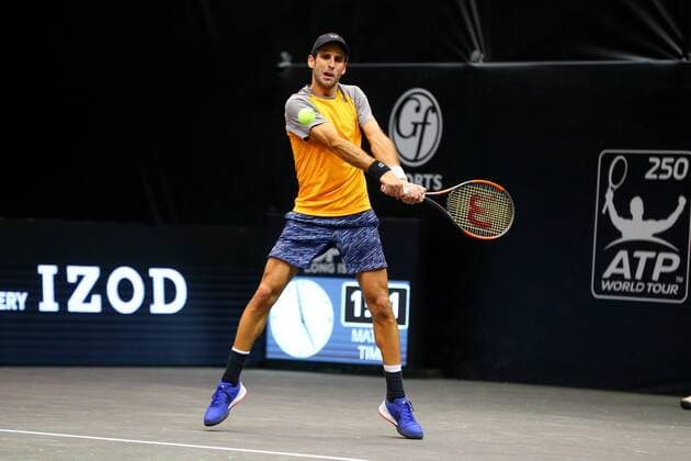 UNIONDALE, NY - FEBRUARY 14: Adrian Menendez-Maceiras of Spain during his New York Open Match on February 14, 2018, at NYCB Live in Uniondale, NY. (Photo by Rich Graessle Icon Sportswire) TENNIS: FEB 14 New York Open Icon0214181649 EDITORIAL USE ONLY