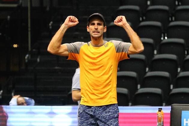 UNIONDALE, NY - FEBRUARY 14: Adrian Menendez-Maceiras of Spain after winning his New York Open Match on February 14, 2018, at NYCB Live in Uniondale, NY. (Photo by Rich Graessle Icon Sportswire) TENNIS: FEB 14 New York Open Icon0214181658 EDITORIAL USE ONLY