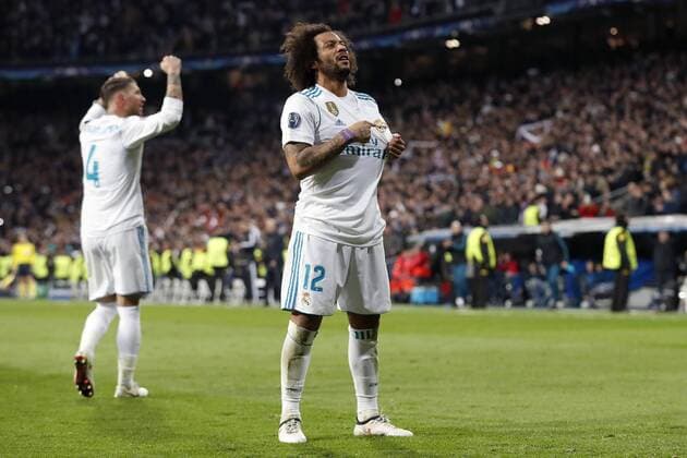 (L-R) Sergio Ramos of Real Madrid, Marcelo of Real Madrid during the UEFA Champions League round of 16 match between Real Madrid and Paris Saint-Germain at the Santiago Bernabeu stadium on February 14, 2018 in Madrid, Spain UEFA Champions League 2017 2018 xVIxVIxImagesx xMauricexvanxSteenxIVx 10068182