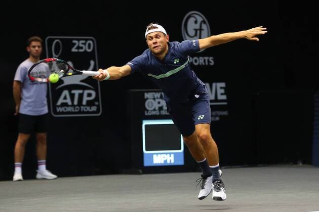 UNIONDALE, NY - FEBRUARY 14: Radu Albot of Moldova during his New York Open Match on February 14, 2018, at NYCB Live in Uniondale, NY. (Photo by Rich Graessle Icon Sportswire) TENNIS: FEB 14 New York Open Icon0214181707 EDITORIAL USE ONLY