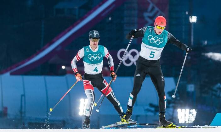 KOR, PyeongChang 2018 14.02.2018, Alpensia Cross-Country Skiing Centre, Pyeongchang, KOR, PyeongChang 2018, Nordische Kombination, Langlauf, im Bild Lukas Klapfer (AUT), Eric Frenzel (GER) Lukas Klapfer of Austria, Eric Frenzel of Germany during Nordic Combined, cross country skiing of the Pyeongchang 2018 Winter Olympic Games Olympische Spiele Olympia OS at the Alpensia Cross-Country Skiing Centre in Pyeongchang, South Korea on 2018 02 14. PyeongChang Südkorea *** KOR PyeongChang 2018 14 02 2018 Alpensia KOR cross country skiing centre PyeongChang PyeongChang 2018 Nordic combined cross-country skiing in the image of Lukas Klapfer AUT Eric Frenzel GER Lukas Klapfer of Austria Eric Frenzel of Germany during Nordic combined cross country skiing of the PyeongChang 2018 Winter Olympic Games at the Alpensia cross country skiing centre in PyeongChang of South Korea on 2018 02 14 PyeongChang of South Korea