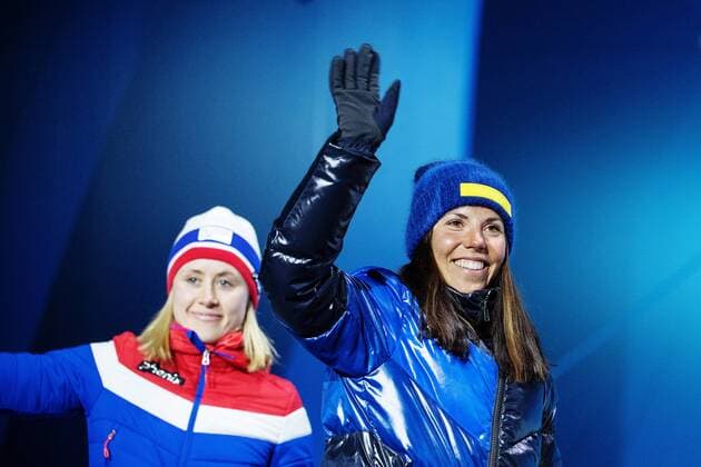 180215 Ragnhild Haga of Norway (gold) and Charlotte Kalla of Sweden (silver), at a Medal Ceremony for women s cross country 10 km free during day six of the 2018 Winter Olympics on February 15, 2018 in Pyeongchang. Photo: Joel Marklund BILDBYRAN kod JM 87625 Copyright: JOELxMARKLUND BB180215JM108