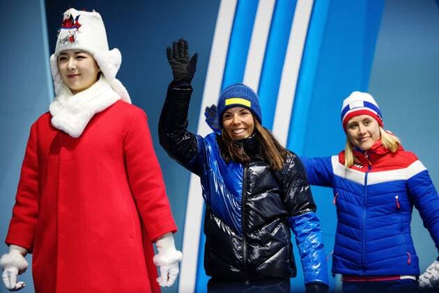 180215 Charlotte Kalla of Sweden (silver), and Ragnhild Haga of Norway (gold) enters at a Medal Ceremony for women s cross country 10 km free during day six of the 2018 Winter Olympics on February 15, 2018 in Pyeongchang. Photo: Joel Marklund BILDBYRAN kod JM 87625 Copyright: JOELxMARKLUND BB180215JM113