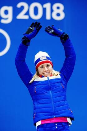 180215 Ragnhild Haga of Norway (gold) celebrate at a Medal Ceremony for women s cross country 10 km free during day six of the 2018 Winter Olympics on February 15, 2018 in Pyeongchang. Photo: Joel Marklund BILDBYRAN kod JM 87625 Copyright: JOELxMARKLUND BB180215JM114