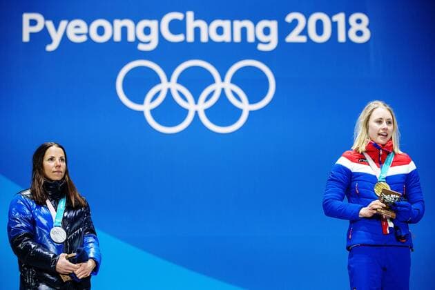 180215 Charlotte Kalla of Sweden (silver) and Ragnhild Haga of Norway (gold) at a Medal Ceremony for women s cross country 10 km free during day six of the 2018 Winter Olympics on February 15, 2018 in Pyeongchang. Photo: Joel Marklund BILDBYRAN kod JM 87625 Copyright: JOELxMARKLUND BB180215JM117