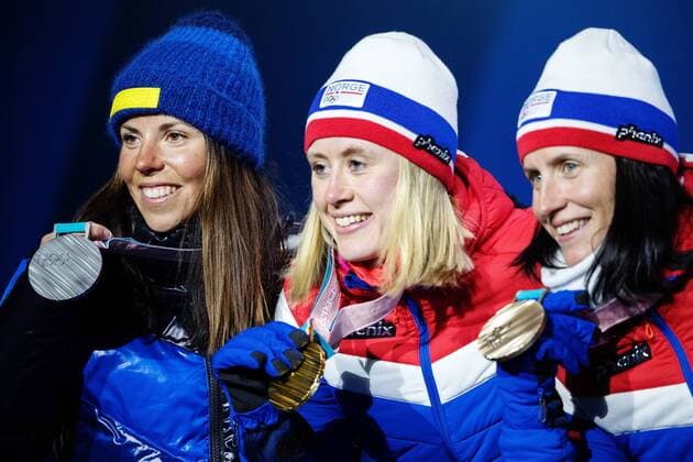180215 Charlotte Kalla of Sweden (silver), Ragnhild Haga of Norway (gold) and Marit Bjorgen of Norway (bronze), at a Medal Ceremony for women s cross country 10 km free during day six of the 2018 Winter Olympics on February 15, 2018 in Pyeongchang. Photo: Joel Marklund BILDBYRAN kod JM 87625 Copyright: JOELxMARKLUND BB180215JM121
