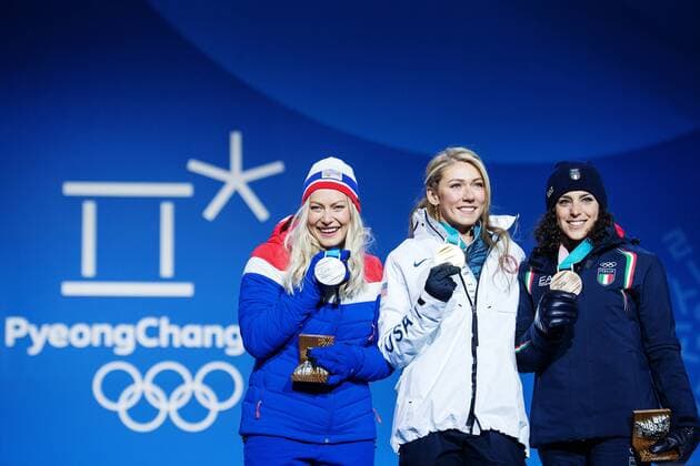 180215 Ragnild Mowinckel of Norway (silver), Mikaela Shiffrin of USA (gold) and Federica Brignone of Italy (bronze) celebrate at a Medal Ceremony for Women s Giant Slalom during day six of the 2018 Winter Olympics on February 15, 2018 in Pyeongchang. Photo: Joel Marklund BILDBYRAN kod JM 87625 Copyright: JOELxMARKLUND BB180215JM130