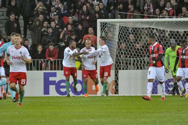 Europa League, OGC Nice - Lokomotive Moskau But Lokomotiv Moscou - joie Manuel Fernandes (Lokomotiv Moscou) FOOTBALL : OGC Nice vs Lokomotiv Moscou - Ligue Europa - 15 02 2018 NorbertScanella Panoramic 