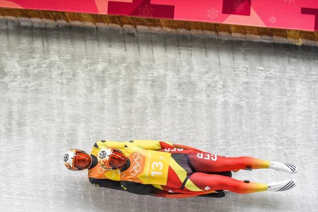 February 15, 2018 - Pyeongchang, Gangwon, South Korea - Tobias Wendl and Tobias Arlt of Ã‚ Germany competing in luge Team Relay Competition at Olympic Sliding Centre at Pyeongchang , South Korea on February 15, 2018. Luge - Winter Olympics Day 6  - ZUMAn230 20180215_zaa_n230_175 Copyright: xUlrikxPedersenx