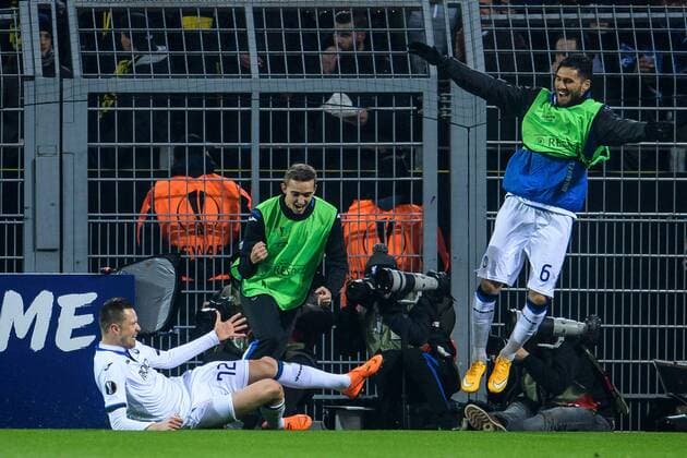 Josip Ilicic (Atalanta Bergamo 72) beim Torjubel nach dem Treffer zum 1:2 mit Jose Luis Palomino (Atalanta Bergamo 6 - re) beim Eurpa League Spiel zwischen Borussia Dortmund und Atalanta Bergamo am 15.02.2018, Dortmund Copyright: xSchuelerx xEibnerx-xPressefotox EP_EER