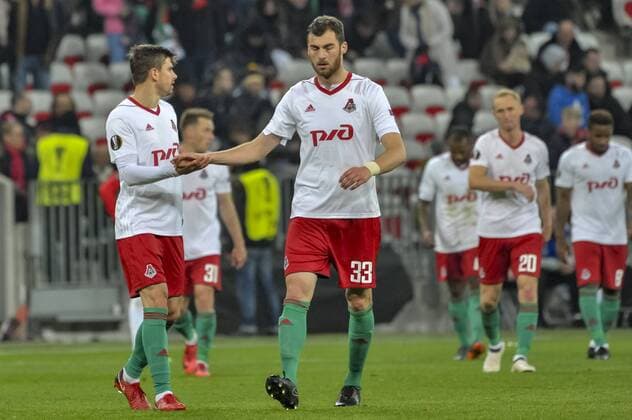 joie Lokomotiv Moscou - Nemanja Pejcinovic (Lokomotiv Moscou) - Solomon Kverkvelia (Lokomotiv Moscou) FOOTBALL : OGC Nice vs Lokomotiv Moscou - Ligue Europa - 15 02 2018 NorbertScanella Panoramic 
