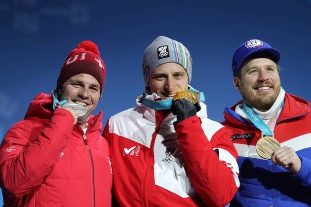 OLYMPICS - 2018 Winter Olympics PYEONGCHANG,SOUTH KOREA,16.FEB.18 - OLYMPICS, ALPINE SKIING - Olympic Winter games Winterspiele Spiele Summer games PyeongChang 2018, Medals Plaza, Super G, men, award ceremony. Image shows Beat Feuz (SUI), Matthias Mayer (AUT) and Kjetil Jansrud (NOR). GEPAxpictures xMathiasxMandl