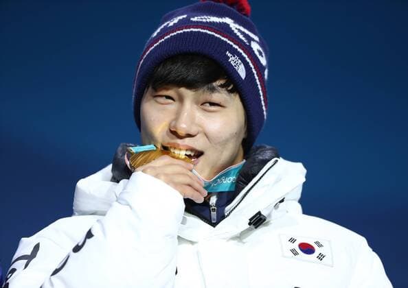 PYEONGCHANG, SOUTH KOREA - FEBRUARY 16, 2018: Gold medalist, South Korea s Sungbin Yun celebrates during a victory ceremony for the men s skeleton event at the 2018 Winter Olympic Games Olympische Spiele Olympia OS at Medal Plaza. Valery Sharifulin TASS  TS074330