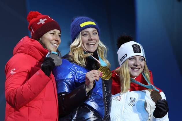 OLYMPICS - 2018 Winter Olympics PYEONGCHANG,SOUTH KOREA,16.FEB.18 - OLYMPICS, ALPINE SKIING - Olympic Winter games Winterspiele Spiele Summer games PyeongChang 2018, Medals Plaza, slalom, ladies, award ceremony. Image shows Wendy Holdener (SUI), Frida Hansdotter (SWE) and Katharina Gallhuber (AUT). GEPAxpictures xMathiasxMandl