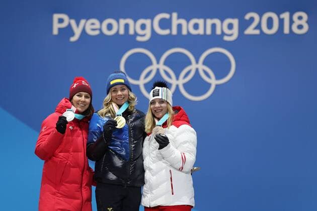 PyeongChang 2018, Ski Alpin, Slalom der Damen, Siegerehrung OLYMPICS - 2018 Winter Olympics PYEONGCHANG,SOUTH KOREA,16.FEB.18 - OLYMPICS, ALPINE SKIING - Olympic Winter games Winterspiele Spiele Summer games PyeongChang 2018, Medals Plaza, slalom, ladies, award ceremony. Image shows Wendy Holdener (SUI), Frida Hansdotter (SWE) and Katharina Gallhuber (AUT). GEPAxpictures xMathiasxMandl