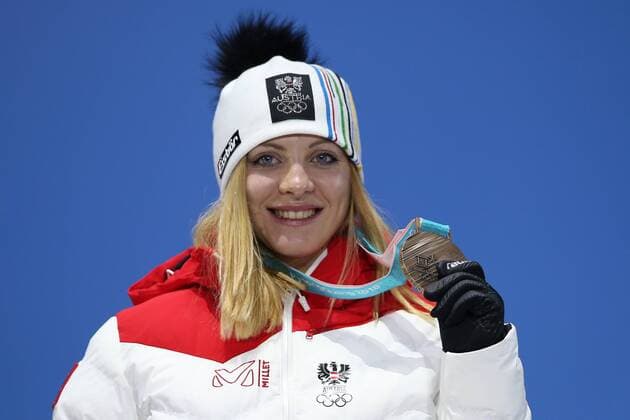 OLYMPICS - 2018 Winter Olympics PYEONGCHANG,SOUTH KOREA,16.FEB.18 - OLYMPICS, ALPINE SKIING - Olympic Winter games Winterspiele Spiele Summer games PyeongChang 2018, Medals Plaza, slalom, ladies, award ceremony. Image shows Katharina Gallhuber (AUT). GEPAxpictures xMathiasxMandl