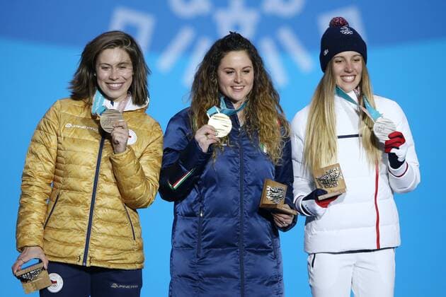 OLYMPICS - 2018 Winter Olympics PYEONGCHANG,SOUTH KOREA,16.FEB.18 - OLYMPICS, SNOWBOARDING - Olympic Winter games Winterspiele Spiele Summer games PyeongChang 2018, Medals Plaza, snowboard cross, women, award ceremony. Image shows Eva Samkova (CZE), Michela Moioli (ITA) and Julia Pereira de Sousa Mabileau (FRA). GEPAxpictures xMathiasxMandl