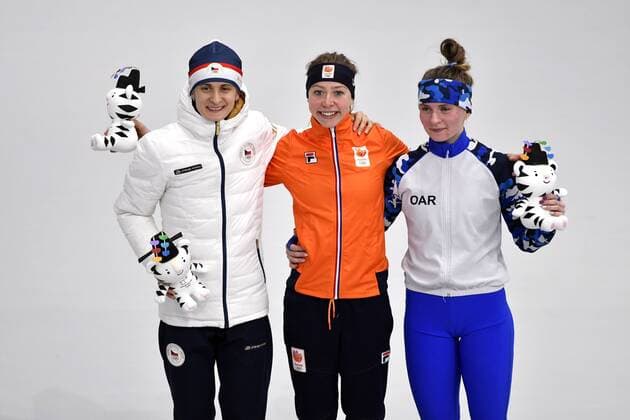 16-02-2018 SCHAATSEN: OLYMPISCHE SPELEN: Olympic Games Olympische Spiele Olympia OS PYEONGCHANG 2018 Huldiging 5000 meter. vlnr Martina Sablikova, Esmee Visser en Natalia Voronina Foto: Soenar Chamid xVIxVIxImagesx xSoenarxChamidxsportfotografiexIVx 10079883