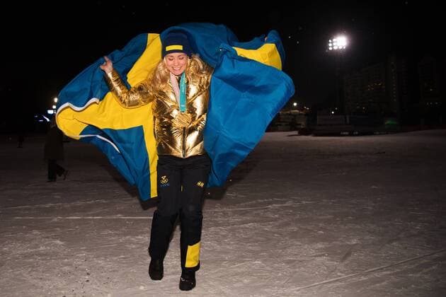 PyeongChang 2018, Ski Alpin, Slalom der Damen, Siegerehrung 180216 Alpine skier Frida Hansdotter of Sweden poses with her gold medal after her win in slalom during day seven of the 2018 Winter Olympics on February 16, 2018 in Pyeongchang. Photo: Joel Marklund BILDBYRN kod JM 87630 Copyright: JOELxMARKLUND BB180216JM151