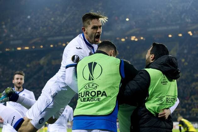 Dortmund, Germany 15.02.2018, UEFA Europa League - 2017 18 Season, Sechzehntelfinale, Tor zum 1:1, Torschuetze Josip Ilicic (Bergamo) wird bejubelt ( DeFodi053