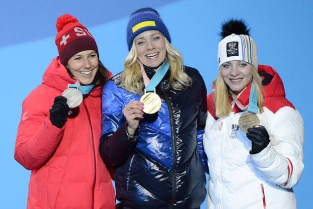 February 16, 2018 - Pyeongchang, South Korea - WENDY HOLDENER of Switzerland (left) , FRIDA HANSDOTTER of Sweden (center) and KATHARINA GALLHUBER of Austria with their medals from the Ladies Slalom event in the PyeongChang Olympic Games Olympische Spiele Olympia OS Pyeongchang 18: Medal Winners - ZUMAl132 20180216_zap_l132_053 Copyright: xChristopherxLevyx