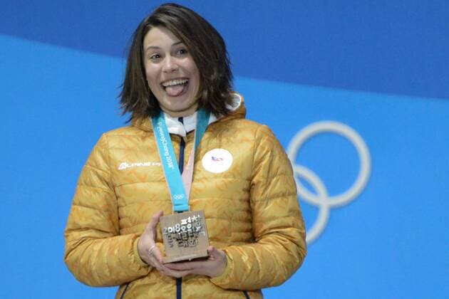 February 16, 2018 - Pyeongchang, South Korea - EVA SAMKOVA of the Czech Republic celebrates getting the bronze medal in the Ladies Snowboard Cross event in the PyeongChang Olympic Games Olympische Spiele Olympia OS Pyeongchang 18: Medal Winners - ZUMAl132 20180216_zap_l132_065 Copyright: xChristopherxLevyx