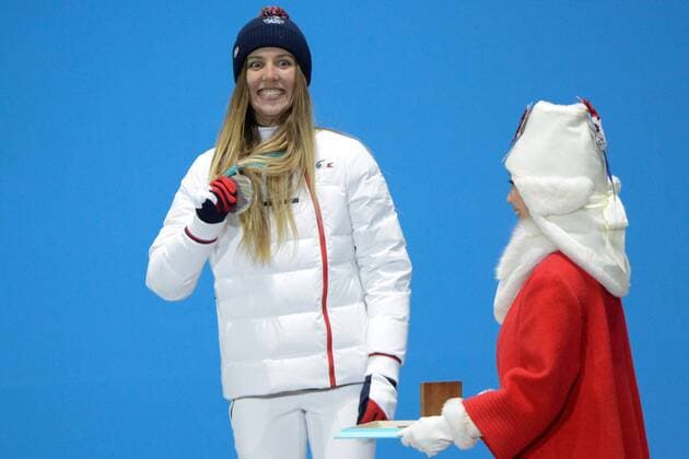 February 16, 2018 - Pyeongchang, South Korea - JULIA PEREIRA DE SOUSA MABILEAU of France celebrates getting the silver medal in the Ladies Snowboard Cross event in the PyeongChang Olympic Games Olympische Spiele Olympia OS Pyeongchang 18: Medal Winners - ZUMAl132 20180216_zap_l132_069 Copyright: xChristopherxLevyx