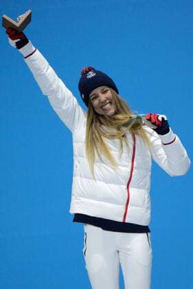 February 16, 2018 - Pyeongchang, South Korea - JULIA PEREIRA DE SOUSA MABILEAU of France celebrates getting the silver medal in the Ladies Snowboard Cross event in the PyeongChang Olympic Games Olympische Spiele Olympia OS Pyeongchang 18: Medal Winners - ZUMAl132 20180216_zap_l132_073 Copyright: xChristopherxLevyx