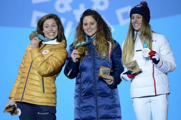 February 16, 2018 - Pyeongchang, South Korea - JULIA PEREIRA DE SOUSA MABILEAU of France (left) , MICHELA MOIOLI of Italy (center) and EVA SAMKOVA of the Czech Republic with their medals from the Ladies Snowboard Cross event in the PyeongChang Olympic Games Olympische Spiele Olympia OS Pyeongchang 18: Medal Winners - ZUMAl132 20180216_zap_l132_081 Copyright: xChristopherxLevyx