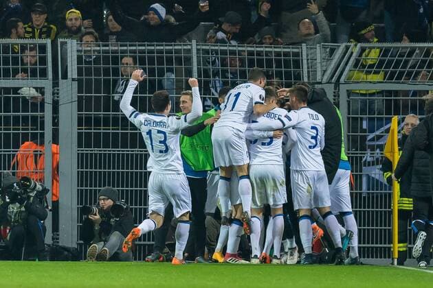 Dortmund, Germany 15.02.2018, UEFA Europa League - 2017 18 Season, Sechzehntelfinale, torjubel, jubel um Josip Ilicic (Bergamo) nach dem treffer zum 2:2 ( DeFodi001