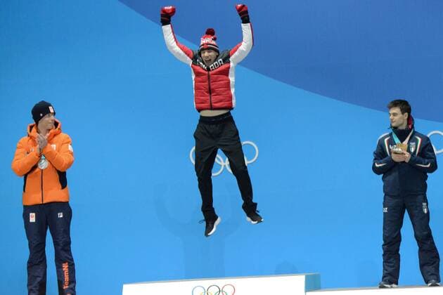 February 16, 2018 - Pyeongchang, South Korea - TED-JAN BLOEMEN of Canada celebrates getting the gold medal in the men s 10000m Speed skating Eisschnelllauf event in the PyeongChang Olympic Games Olympische Spiele Olympia OS Pyeongchang 18: Medal Winners - ZUMAl132 20180216_zap_l132_130 Copyright: xChristopherxLevyx