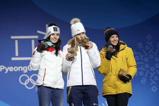 OLYMPICS - 2018 Winter Olympics PYEONGCHANG,SOUTH KOREA,17.FEB.18 - OLYMPICS, ALPINE SKIING - Olympic Winter games Winterspiele Spiele Summer games PyeongChang 2018, Medals Plaza, Super G, ladies, award ceremony. Image shows Anna Veith (AUT), Ester Ledecka (CZE) and Tina Weirather (LIE). Keywords: medal. GEPAxpictures xMaticxKlansek