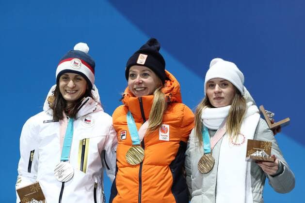 PYEONGCHANG, SOUTH KOREA â€“ FEBRUARY 17, 2018: Silver medallist Martina Sablikova of the Czech Republic, gold medallist Esmee Visser of the Netherlands, and bronze medallist Natalya Voronina, Olympic Athlete from Russia, (L-R) pose at a victory ceremony for the ladies 5000m Speed skating Eisschnelllauf at the 2018 Winter Olympic Games Olympische Spiele Olympia OS Valery Sharifulin TASS  TS074586
