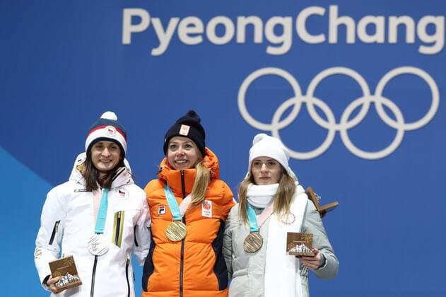 PYEONGCHANG, SOUTH KOREA â€“ FEBRUARY 17, 2018: Silver medallist Martina Sablikova of the Czech Republic, gold medallist Esmee Visser of the Netherlands, and bronze medallist Natalya Voronina, Olympic Athlete from Russia, (L-R) pose at a victory ceremony for the ladies 5000m Speed skating Eisschnelllauf at the 2018 Winter Olympic Games Olympische Spiele Olympia OS Valery Sharifulin TASS  TS074587