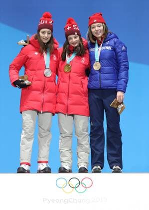 (180217) -- PYEONGCHANG, Feb. 17, 2018 -- Gold medalist Switzerland s Sarah Hoefflin (C), silver medalist Switzerland s Mathilde Gremaud (L) and bronze medalist Britain s Isabel Atkin pose for photos during medal ceremony of women s ski slopestyle of freestyle skiing at the 2018 PyeongChang Winter Olympic Games Olympische Spiele Olympia OS at the Medal Plaza in PyeongChang, South Korea, on Feb. 17, 2018. ) (SP)OLY-SOUTH KOREA-PYEONGCHANG-FREESTYLE SKIING-LADIES SKI SLOPESTYLE-MEDAL CEREMONY WuxZhuang 