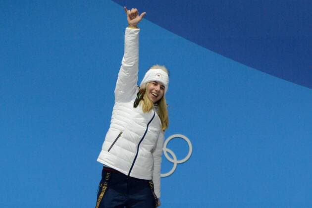 February 17, 2018 - Pyeongchang, South Korea - ESTER LEDECKA of the Czech Republic celebrates winning the gold medal in the Ladies Super-G event in the PyeongChang Olympic Games Olympische Spiele Olympia OS Pyeongchang 18: Medal Winners - ZUMAl132 20180217_zap_l132_015 Copyright: xChristopherxLevyx