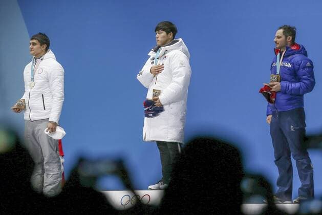 February 16, 2018 - Pyeongchang, GANGWON, SOUTH KOREA - Feb 16, 2018-Pyeongchang, South Korea-DOM PARSONS of Great Britain, YUN SUNGBIN of Korea, NIKITA TREGUBOV of Russia with their medals from the Men s Skeleton event in the PyeongChang Olympic Games Olympische Spiele Olympia OS Olympic Skeleton Medal Ceremony - ZUMAr168 20180216_zap_r168_072 Copyright: xRyuxSeung-Ilx