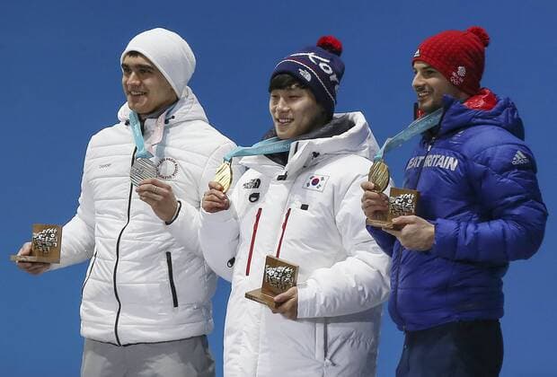 February 16, 2018 - Pyeongchang, GANGWON, SOUTH KOREA - Feb 16, 2018-Pyeongchang, South Korea-DOM PARSONS of Great Britain, YUN SUNGBIN of Korea, NIKITA TREGUBOV of Russia with their medals from the Men s Skeleton event in the PyeongChang Olympic Games Olympische Spiele Olympia OS Olympic Skeleton Medal Ceremony - ZUMAr168 20180216_zap_r168_075 Copyright: xRyuxSeung-Ilx